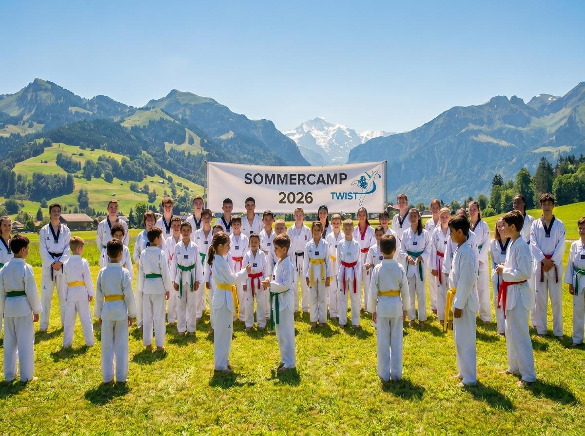 Group of Twist Taekwondo students in doboks gathered on an alpine meadow at Sommercamp 2026, with the Swiss Alps in the background and a SOMMERCAMP 2026 TWIST banner