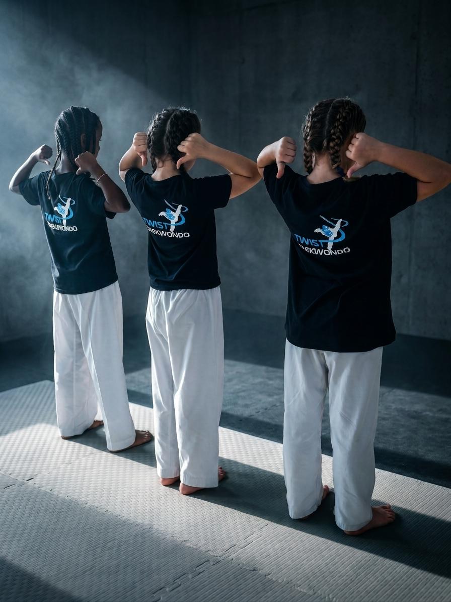 Three young Twist Taekwondo students in club t-shirts, seen from behind on the training mats in a dramatically lit studio